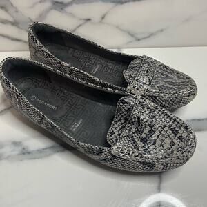 Rockport Women's Black Cream Leather Snakeskin Driving Loafers Sz 7 Comfort